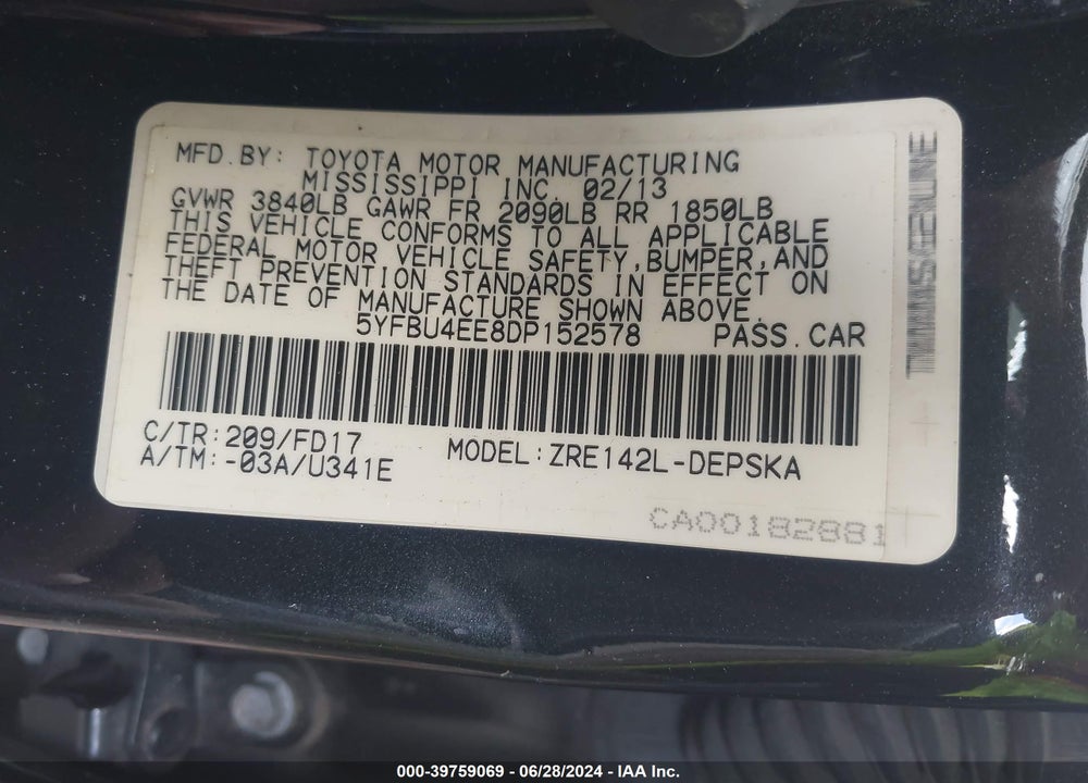 2013 TOYOTA COROLLA S VIN: 5YFBU4EE8DP152578