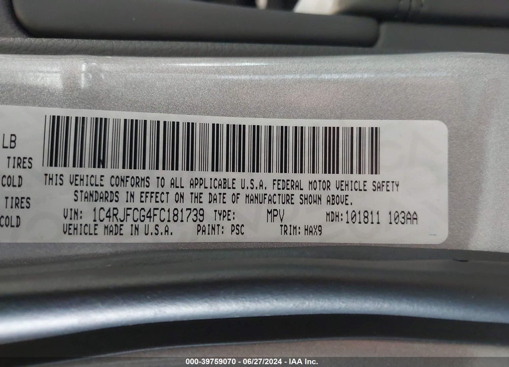 2015 JEEP GRAND CHEROKEE VIN: 1C4RJFCG4FC181739