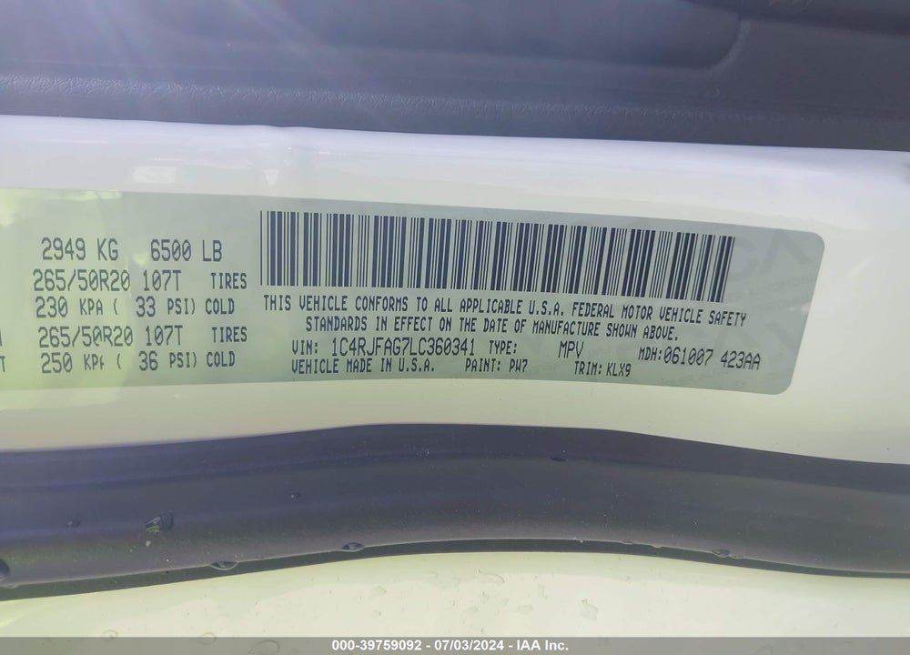 2020 JEEP GRAND CHEROKEE ALTITUDE 4X4 VIN: 1C4RJFAG7LC360341