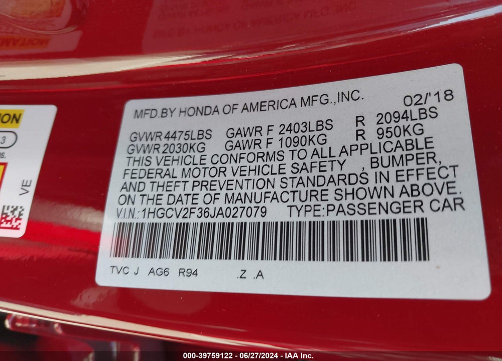 2018 HONDA ACCORD SPORT 2.0T VIN: 1HGCV2F36JA027079