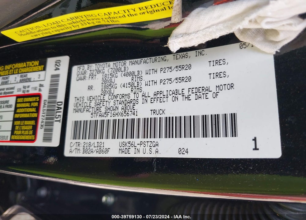 2017 TOYOTA TUNDRA 1794 5.7L V8 VIN: 5TFAW5F16HX656741