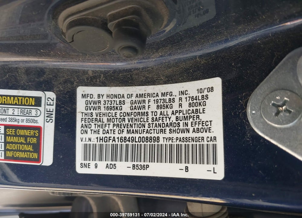 2009 HONDA CIVIC EX VIN: 1HGFA16849L008898
