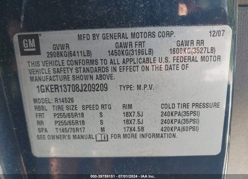 2008 GMC ACADIA SLE-1 VIN: 1GKER13708J209209