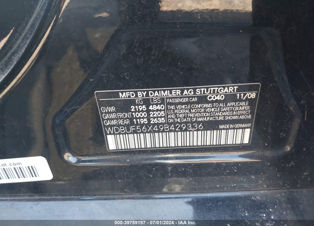 2009 MERCEDES-BENZ E 350 VIN: WDBUF56X49B429336