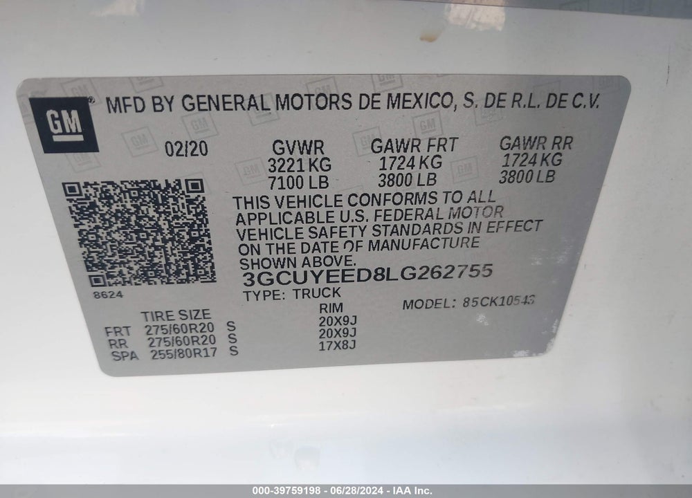 2020 CHEVROLET SILVERADO 1500 4WD SHORT BED RST VIN: 3GCUYEED8LG262755