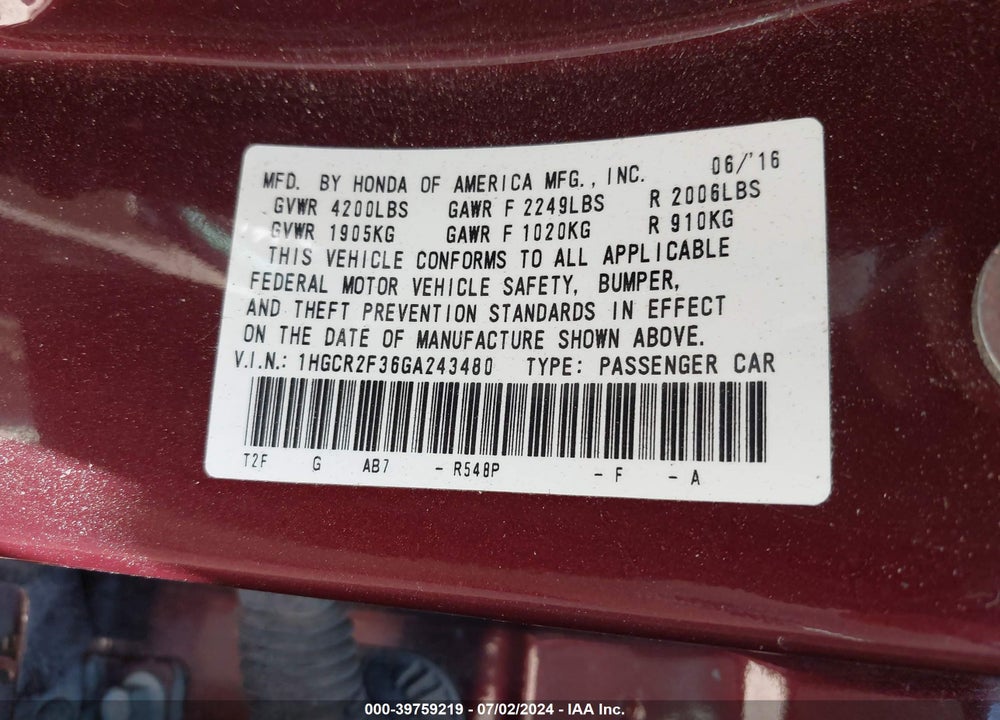2016 HONDA ACCORD LX VIN: 1HGCR2F36GA243480