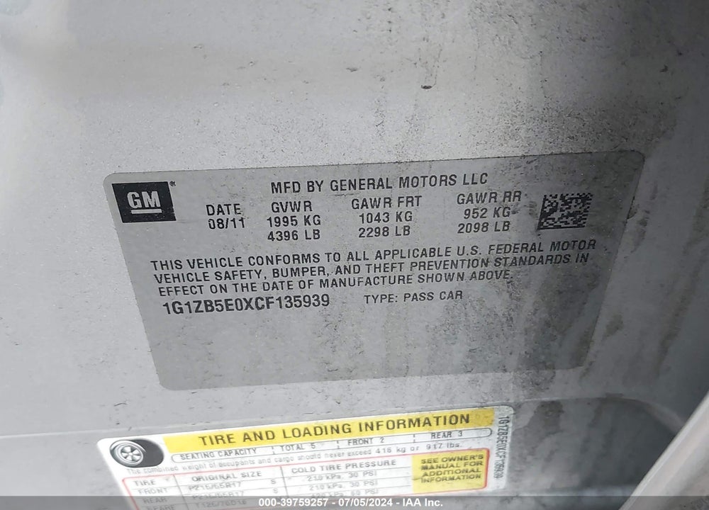 2012 CHEVROLET MALIBU LS VIN: 1G1ZB5E0XCF135939
