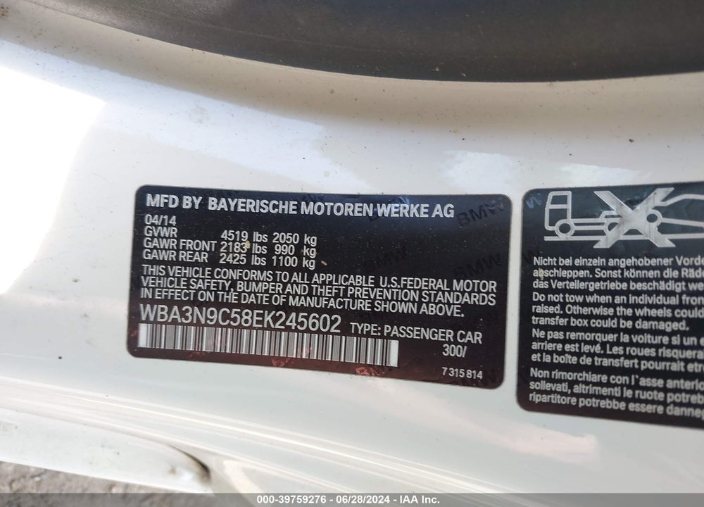 2014 BMW 428I XDRIVE VIN: WBA3N9C58EK245602