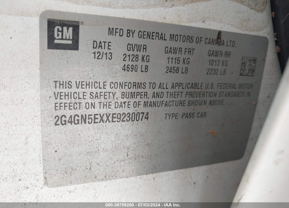 2014 BUICK REGAL VIN: 2G4GN5EXXE9230074