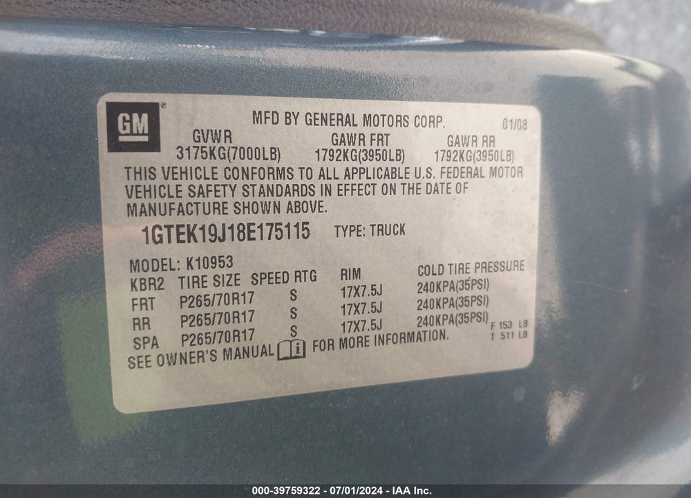 2008 GMC SIERRA 1500 SLE1 VIN: 1GTEK19J18E175115