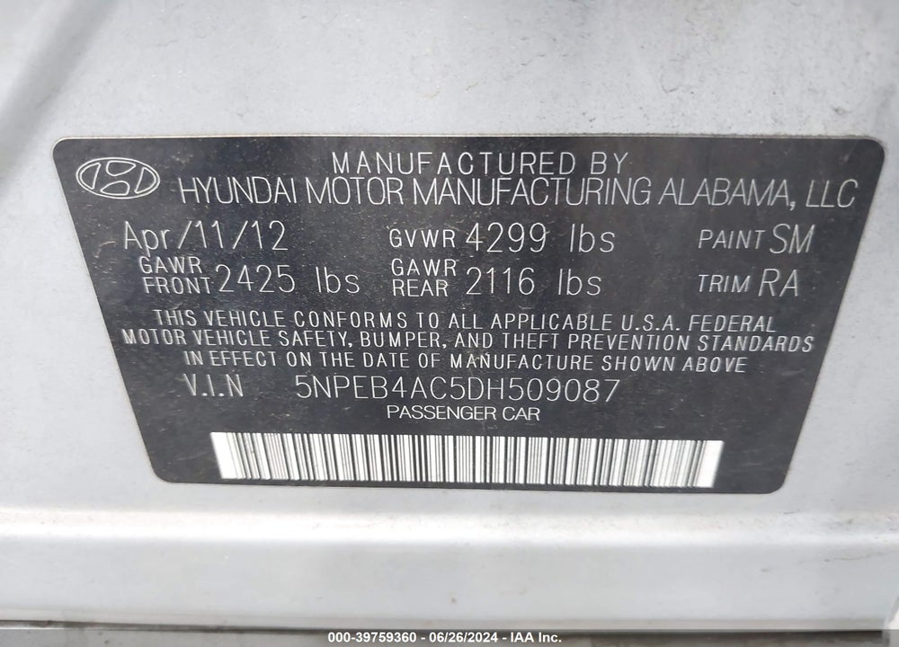2013 HYUNDAI SONATA GLS VIN: 5NPEB4AC5DH509087