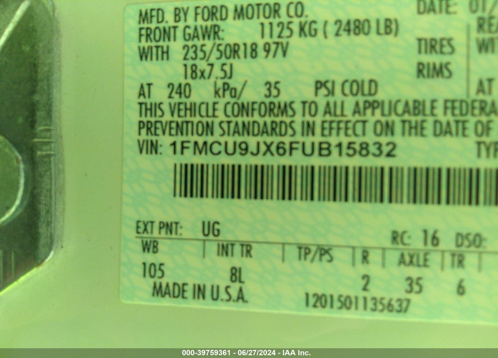 2015 FORD ESCAPE TITANIUM VIN: 1FMCU9JX6FUB15832
