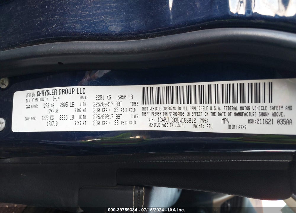 2014 JEEP CHEROKEE LATITUDE VIN: 1C4PJLCB3EW186812