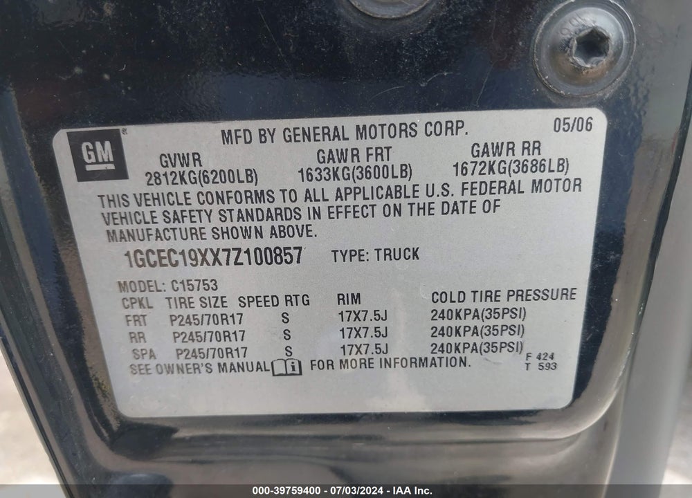 2007 CHEVROLET SILVERADO 1500 CLASSIC WORK TRUCK VIN: 1GCEC19XX7Z100857