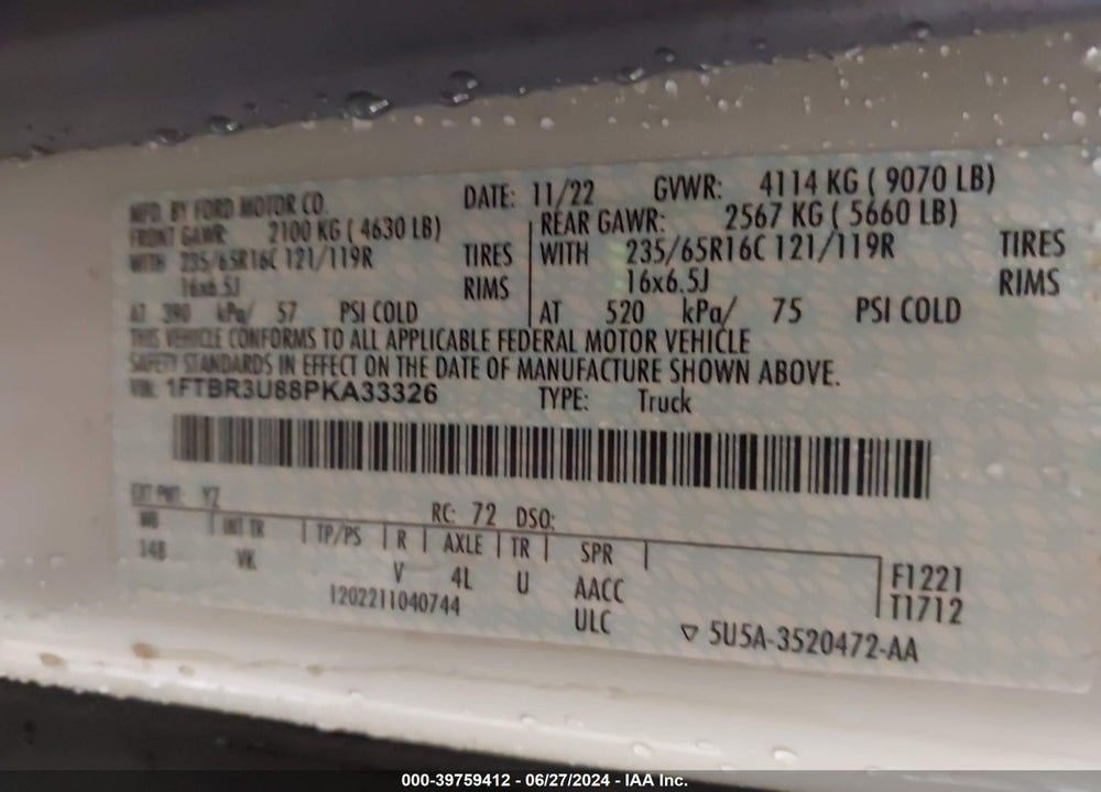 2023 FORD TRANSIT-250 CARGO VAN VIN: 1FTBR3U88PKA33326