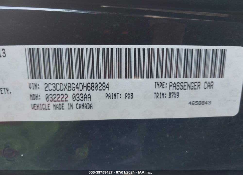 2013 DODGE CHARGER SE VIN: 2C3CDXBG4DH680284