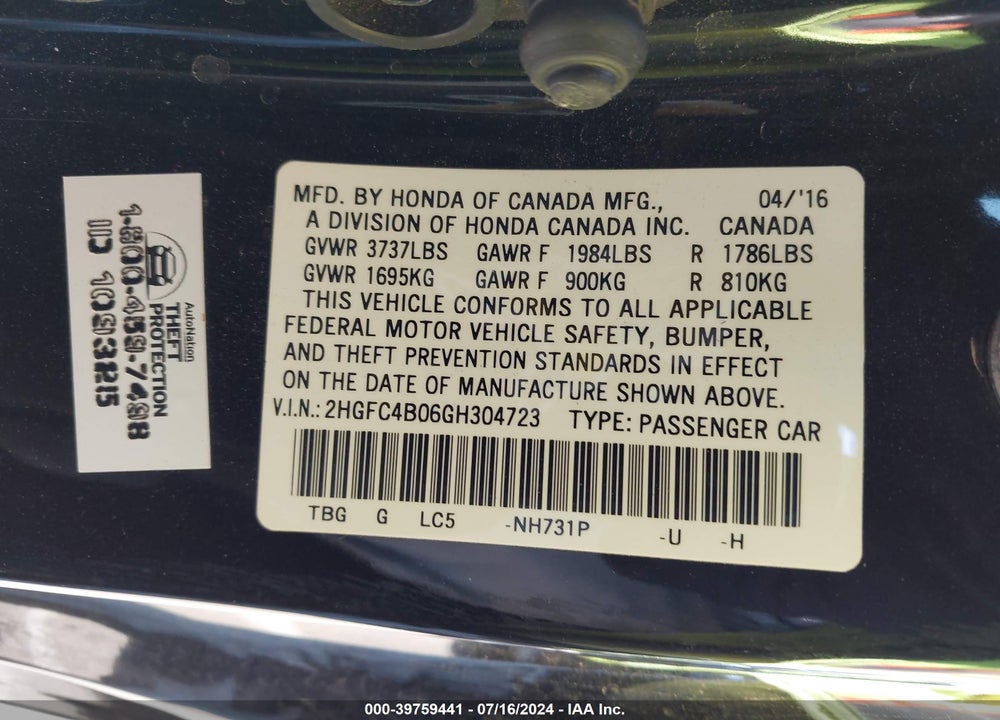 2016 HONDA CIVIC LX-P VIN: 2HGFC4B06GH304723