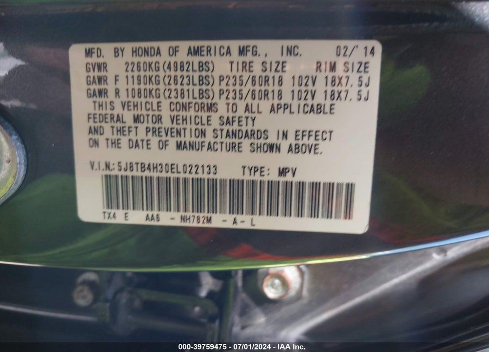 2014 ACURA RDX VIN: 5J8TB4H30EL022133
