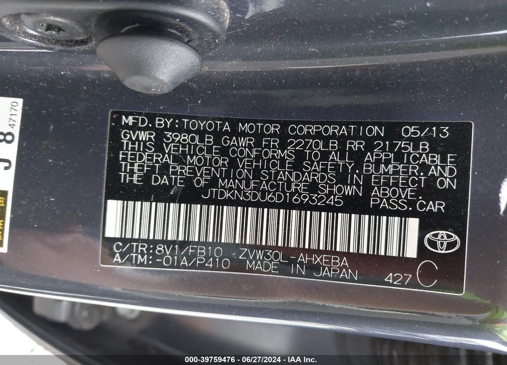 2013 TOYOTA PRIUS TWO VIN: JTDKN3DU6D1693245