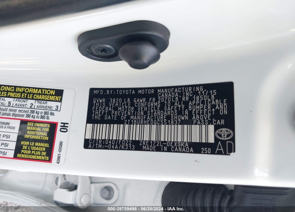 2016 TOYOTA COROLLA S W/SPECIAL EDITION PKG VIN: 2T1BURHE0GC551837