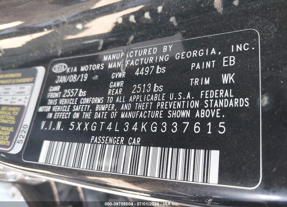 2019 KIA OPTIMA LX VIN: 5XXGT4L34KG337615