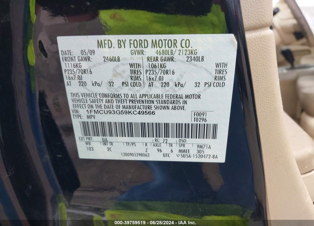 2009 FORD ESCAPE XLT VIN: 1FMCU93G59KC49566