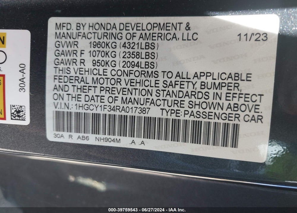 2024 HONDA ACCORD EX VIN: 1HGCY1F34RA017387