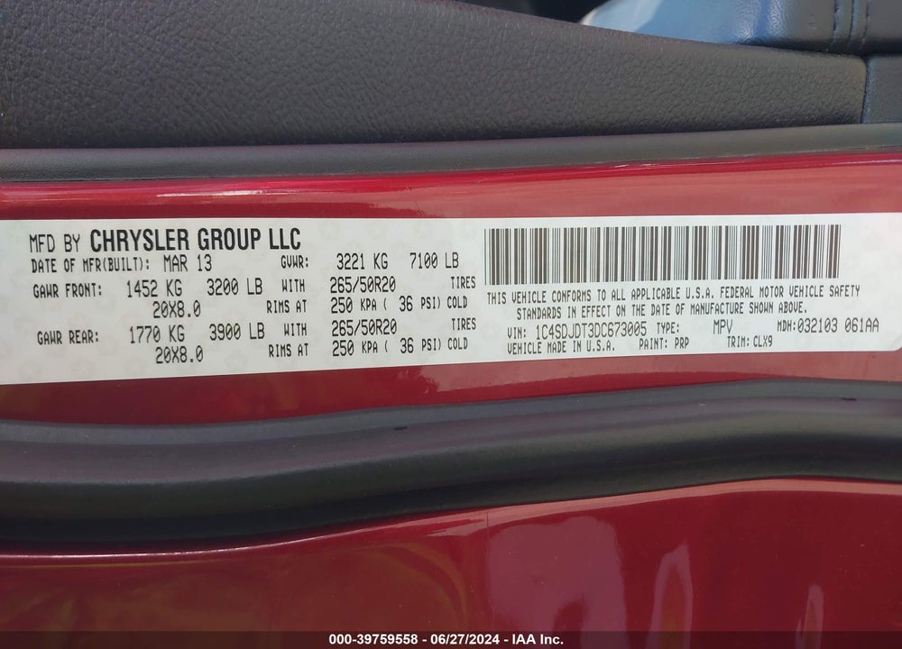 2013 DODGE DURANGO CREW VIN: 1C4SDJDT3DC673005