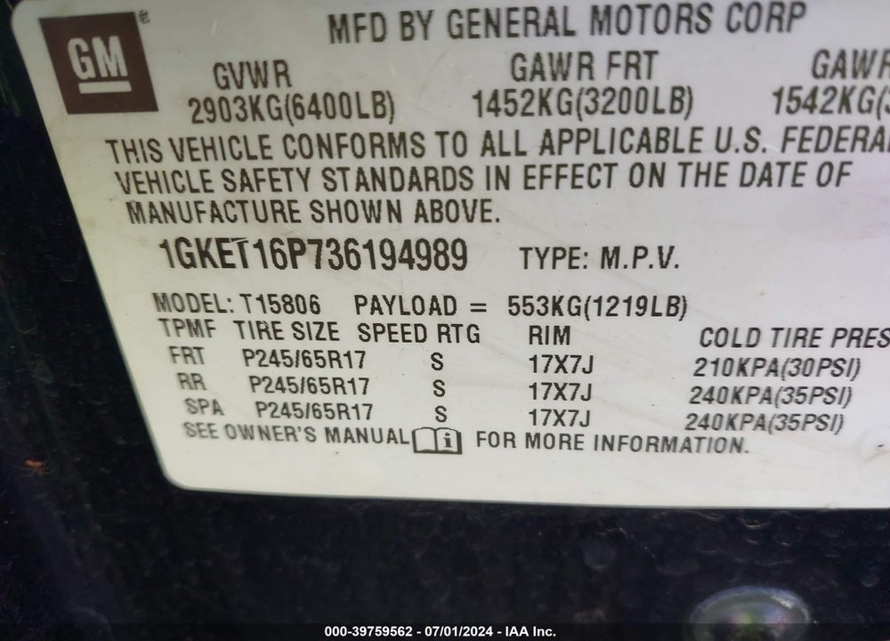 2003 GMC ENVOY XL SLT VIN: 1GKET16P736194989