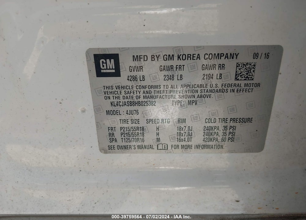 2017 BUICK ENCORE PREFERRED VIN: KL4CJASB8HB025382