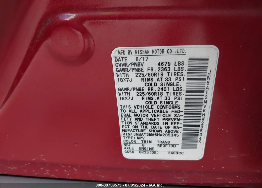 2017 NISSAN ROGUE SL VIN: JN8AT2MV6HW285345