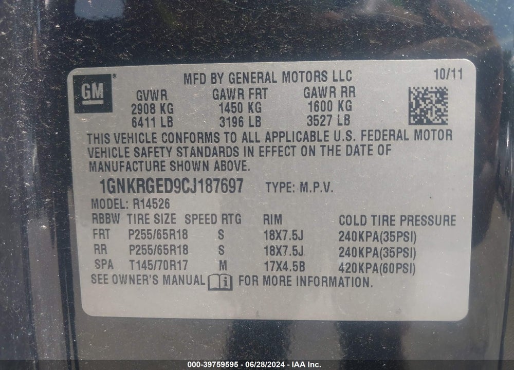 2012 CHEVROLET TRAVERSE 1LT VIN: 1GNKRGED9CJ187697