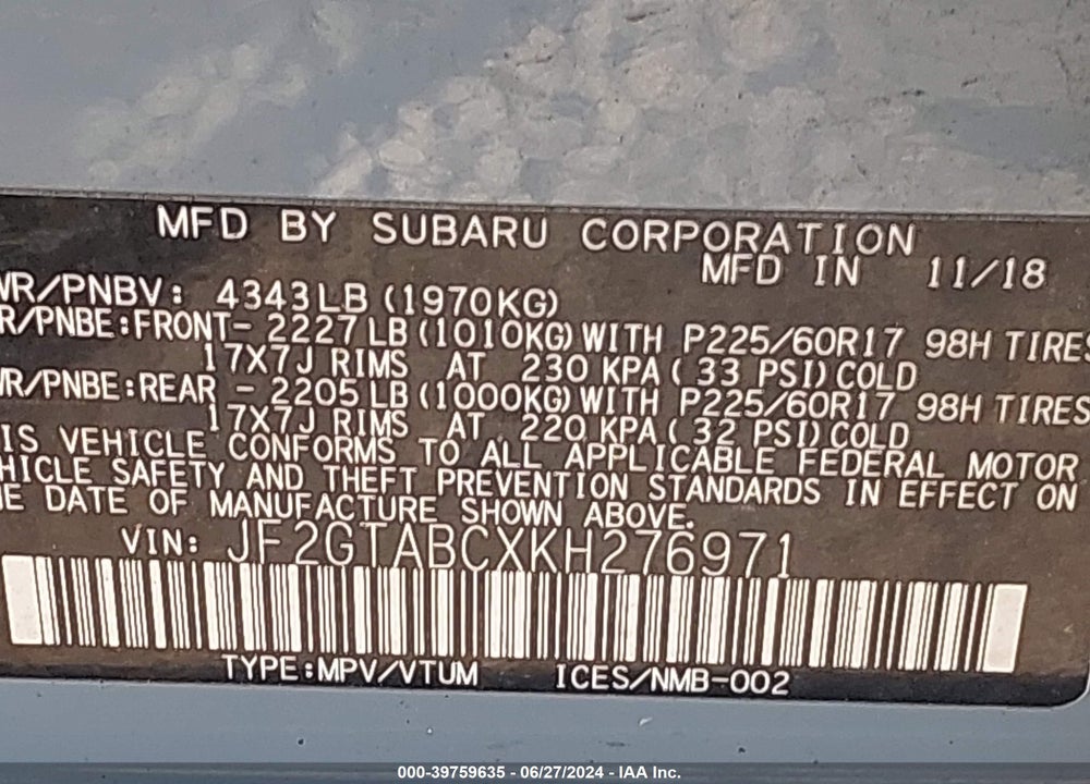 2019 SUBARU CROSSTREK 2.0I VIN: JF2GTABCXKH276971