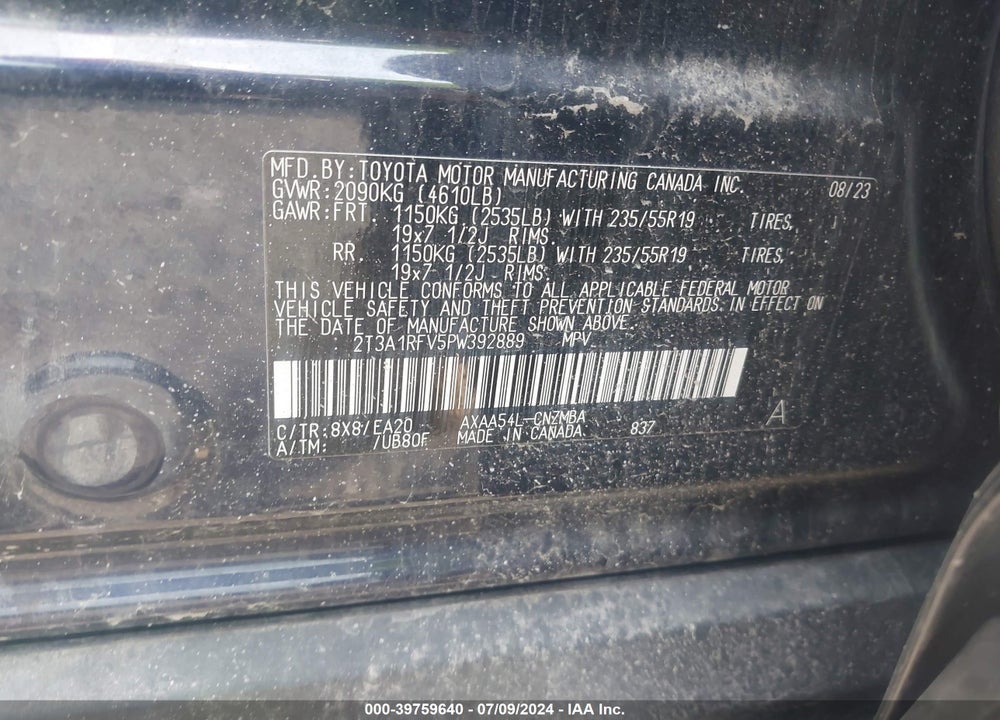 2023 TOYOTA RAV4 XLE PREMIUM VIN: 2T3A1RFV5PW392889