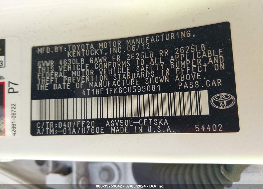 2012 TOYOTA CAMRY SE VIN: 4T1BF1FK6CU599081