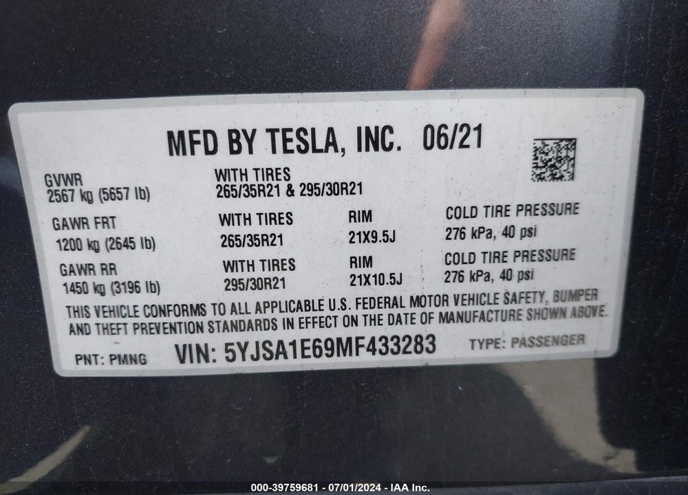 2021 TESLA MODEL S VIN: 5YJSA1E69MF433283