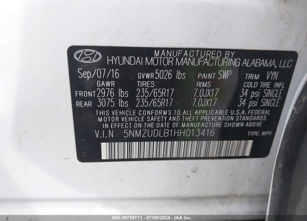 2017 HYUNDAI SANTA FE SPORT 2.4L VIN: 5NMZUDLB1HH013416
