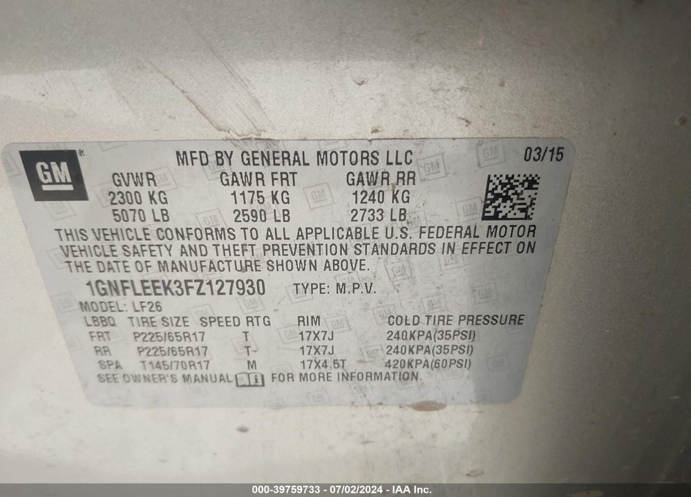 2015 CHEVROLET EQUINOX LS VIN: 1GNFLEEK3FZ127930