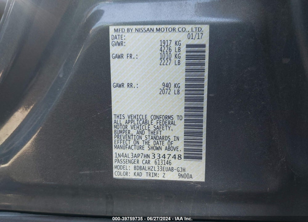 2017 NISSAN ALTIMA 2.5 SR VIN: 1N4AL3AP7HN334748