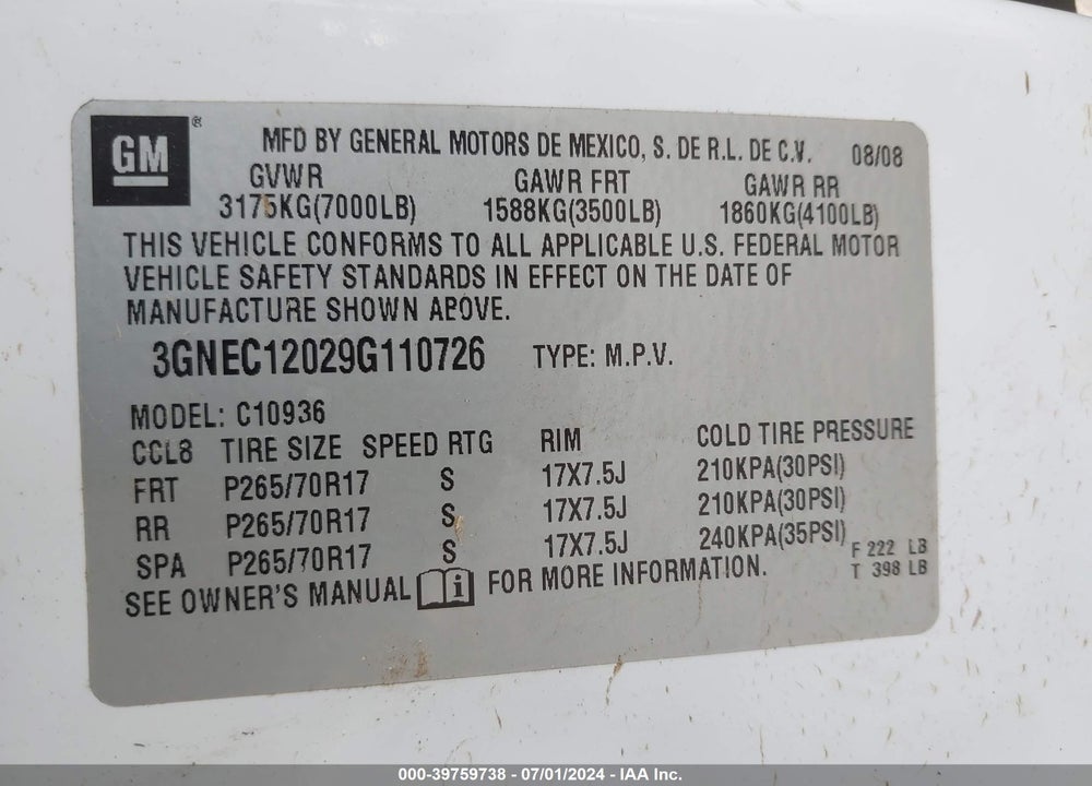 2009 CHEVROLET AVALANCHE 1500 LS VIN: 3GNEC12029G110726