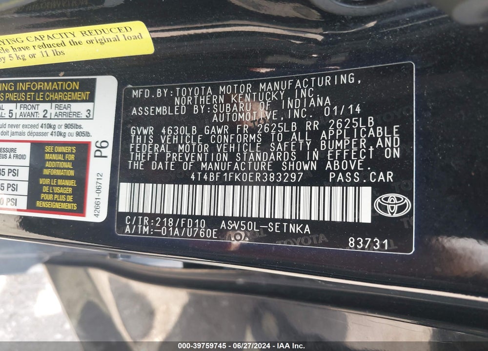 2014 TOYOTA CAMRY LE VIN: 4T4BF1FK0ER383297