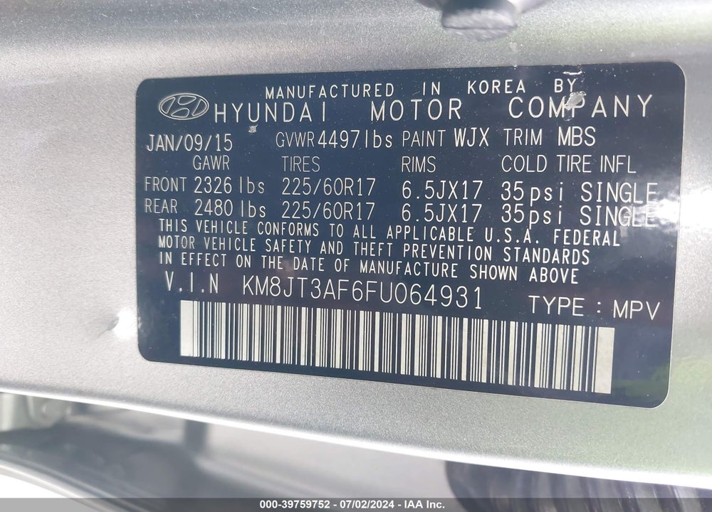 2015 HYUNDAI TUCSON GLS VIN: KM8JT3AF6FU064931