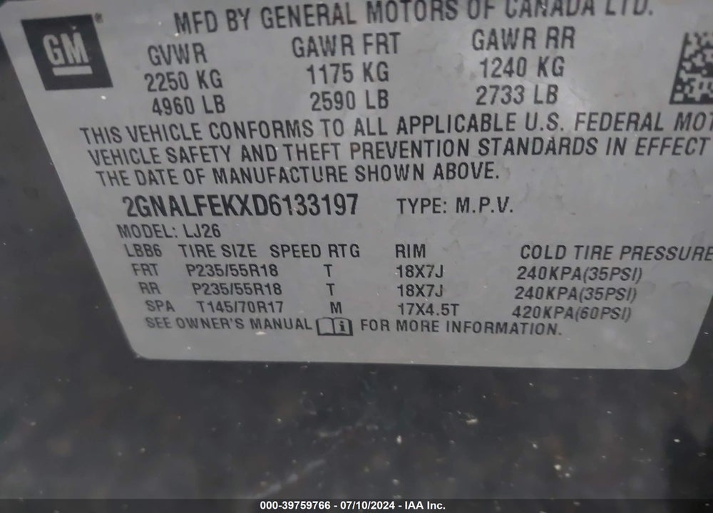 2013 CHEVROLET EQUINOX LTZ VIN: 2GNALFEKXD6133197