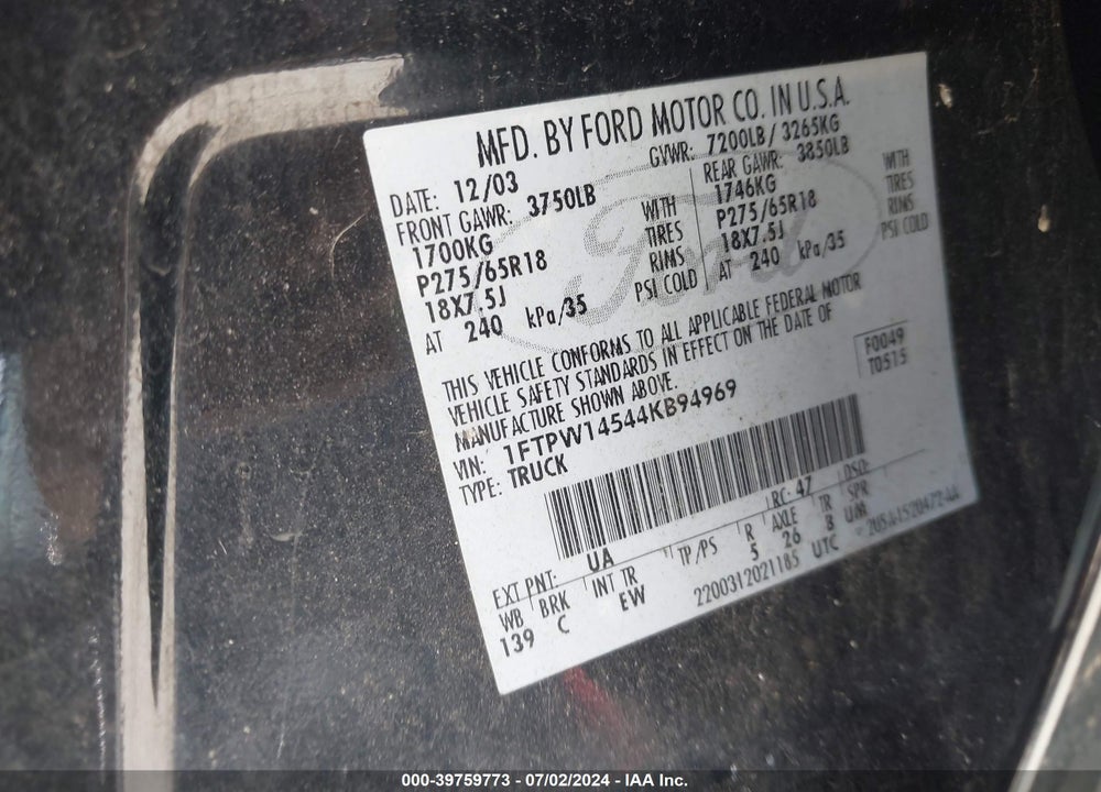 2004 FORD F-150 FX4/LARIAT/XLT VIN: 1FTPW14544KB94969