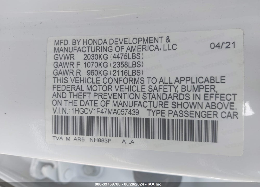 2021 HONDA ACCORD SPORT SPECIAL EDITION VIN: 1HGCV1F47MA057439