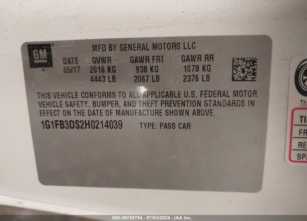 2017 CHEVROLET CAMARO 1LT VIN: 1G1FB3DS2H0214039