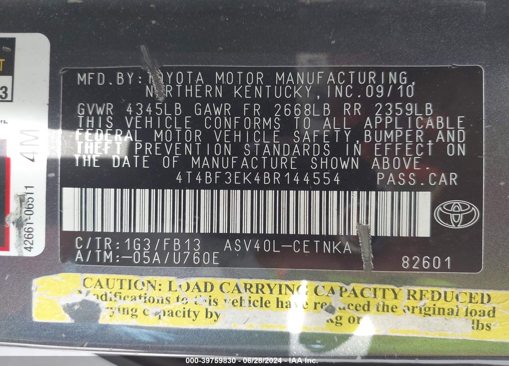 2011 TOYOTA CAMRY LE VIN: 4T4BF3EK4BR144554