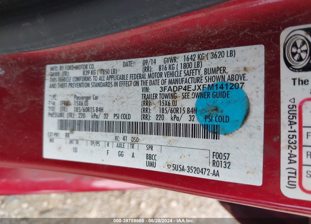 2015 FORD FIESTA SE VIN: 3FADP4EJXFM141207
