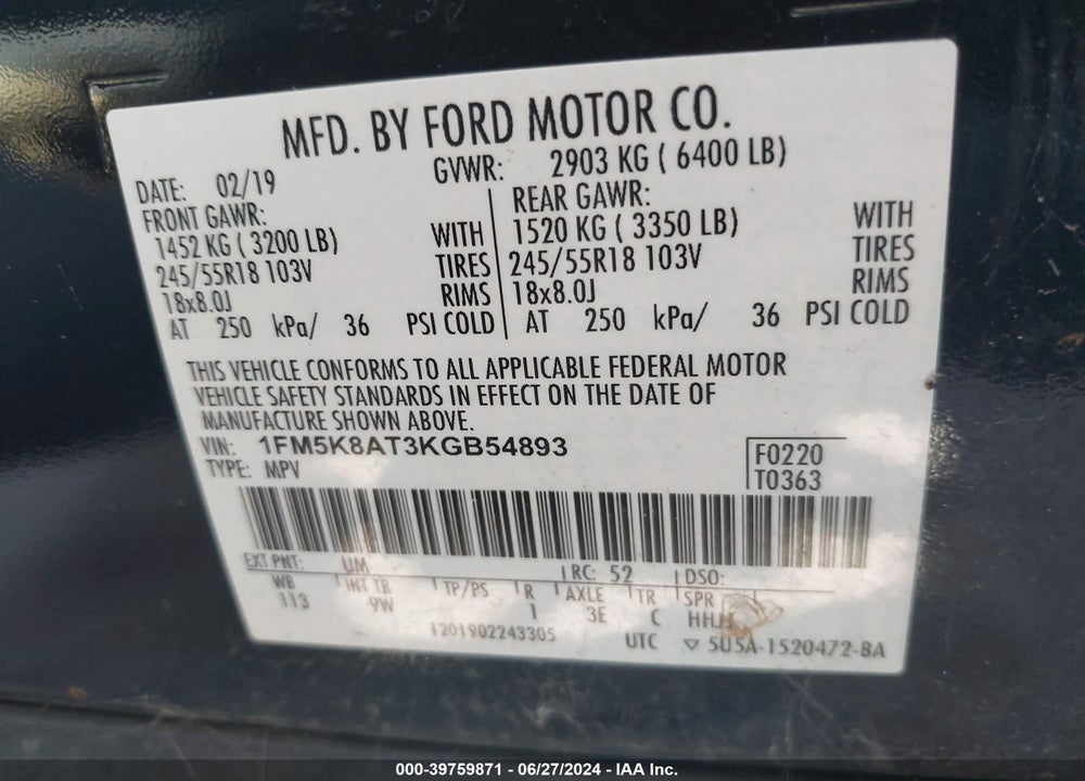 2019 FORD POLICE INTERCEPTOR UTILITY VIN: 1FM5K8AT3KGB54893