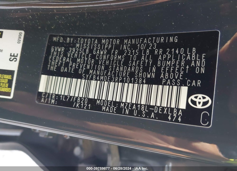 2024 TOYOTA COROLLA LE VIN: 5YFB4MDE3RP101384